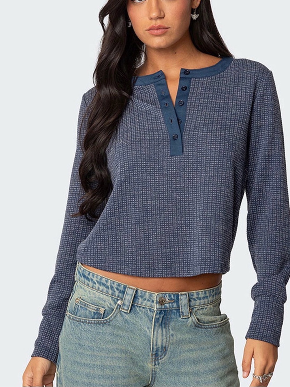 Edikted Navy Waffle Knit Henley Long Sleeve Top NWT Small